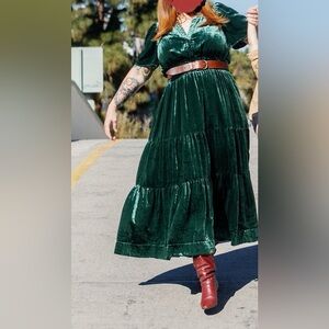 Anthropologie green velvet maxi dress.